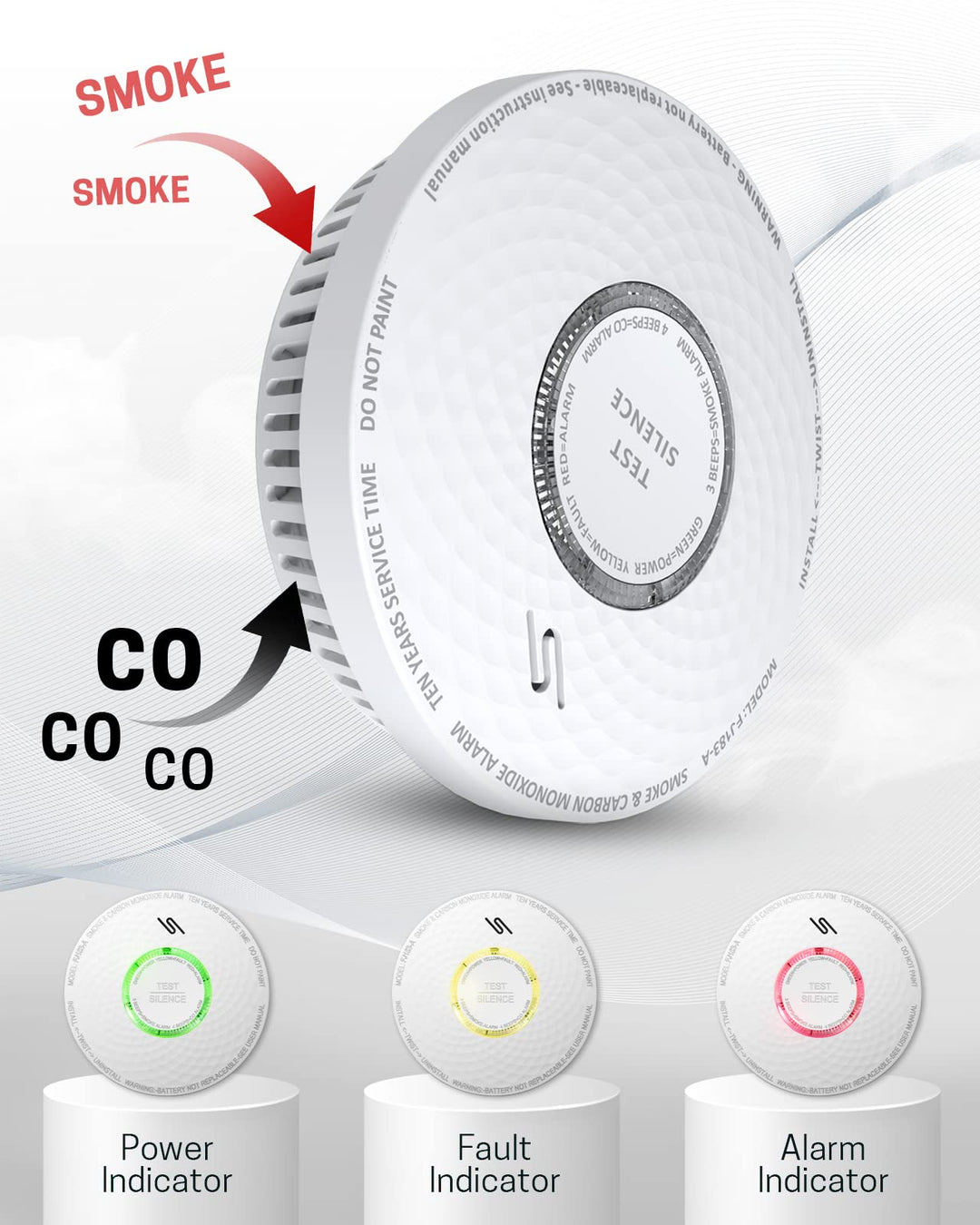 Smoke Detector Carbon Monoxide Detector Combo, 10-Year Battery Combination Smoke Carbon Monoxide Alarm, Fire and CO Alarm with Test and Silence Function,1 Pack