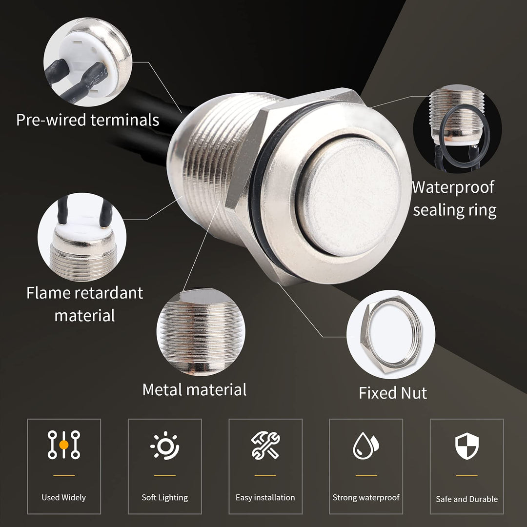 5pcs 12mm Momentary Push Button Switch Silver Shell with pre-Wiring, IP65 Waterproof Push Button Switch,Stainless Steel 1 Normally Open Without LED.