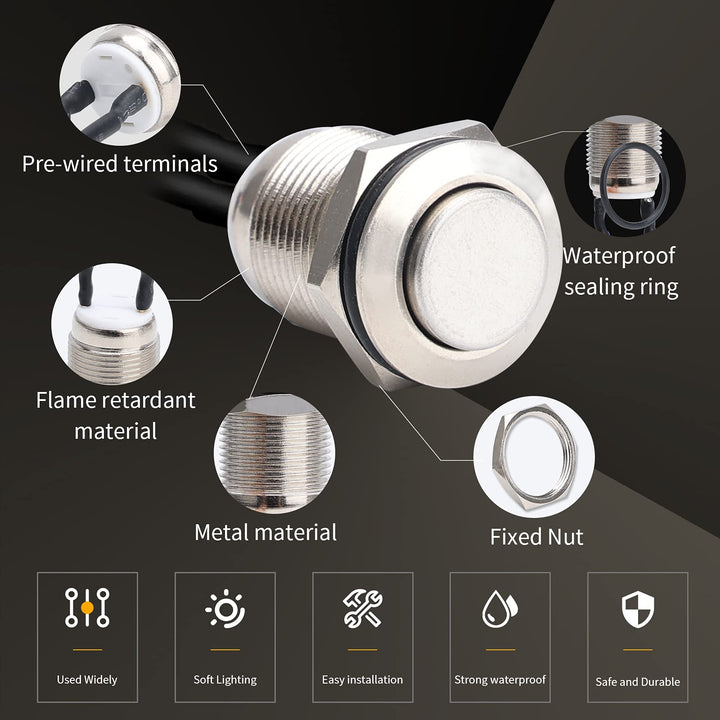 5pcs 12mm Momentary Push Button Switch Silver Shell with pre-Wiring, IP65 Waterproof Push Button Switch,Stainless Steel 1 Normally Open Without LED.