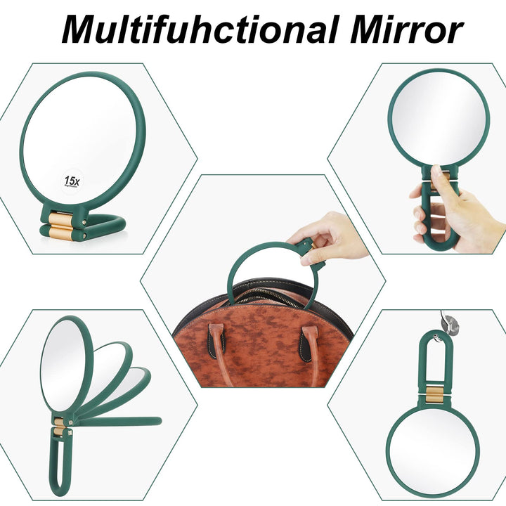 Handheld Mirror, 1x 15x Magnifying Makeup Mirror with Handle Double Side Hand Held Mirror with 1x15x Magnification &amp; Foldable Handle, Portable Travel Makeup Hand Mirror for Women (Army Green)