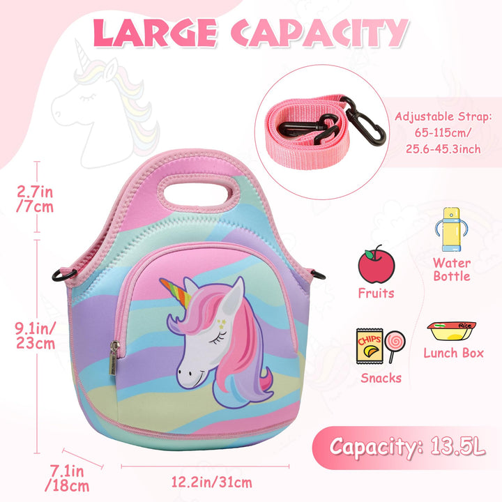 Lunch Bag for Kids, Chasechic Cute Lightweight Neoprene Insulated Lunch Boxes Tote with Detachable Adjustable Shoulder Strap (Unicorn)