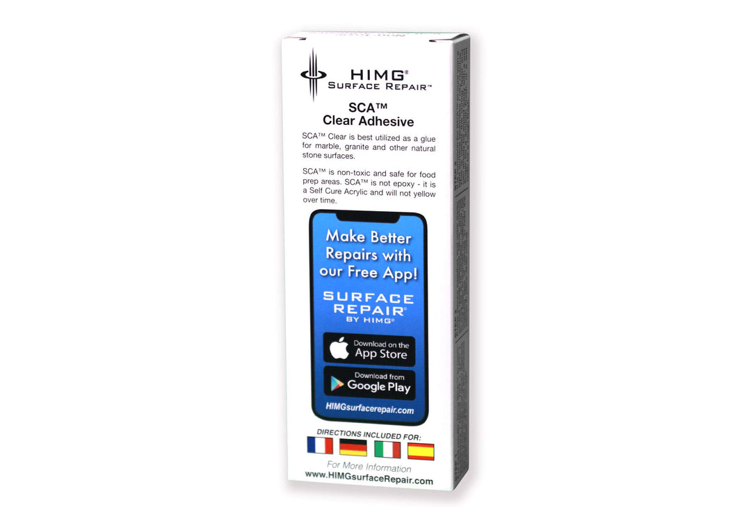 Adhesive - Clear 2 part Self Curing Acrylic (SCA) for Granite, Cultured Marble, stone, ceramic, Porcelain, Corian countertops, tile, floor, shower repair and more hard surfaces.