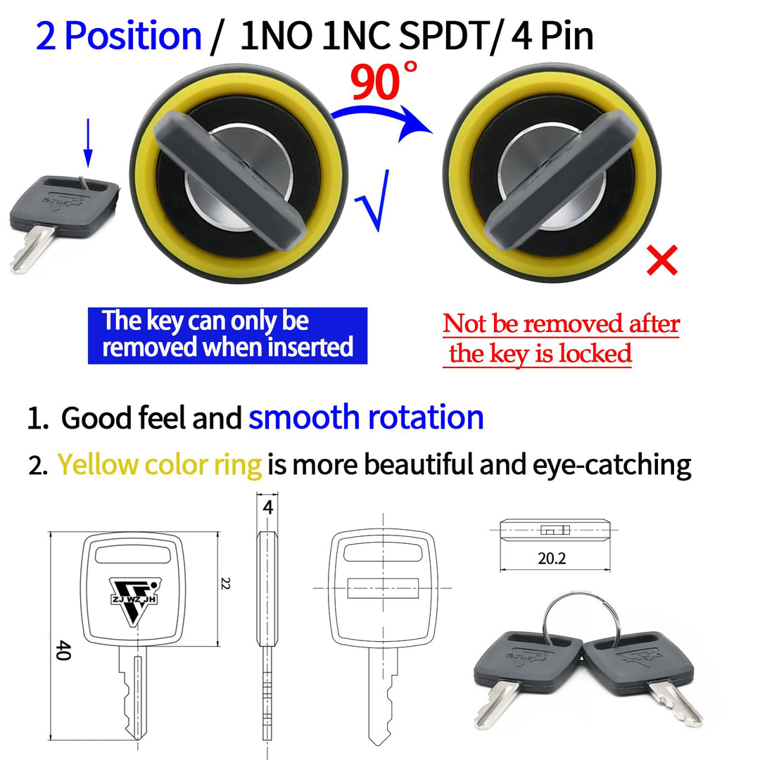 Key Switch 5/8 16mm with 4 Keys 2 Position Selector Switch Key Switches 4Pin Starter Lock On Off Keylock Switch Latching SPDT 2 Pcs UL Certification