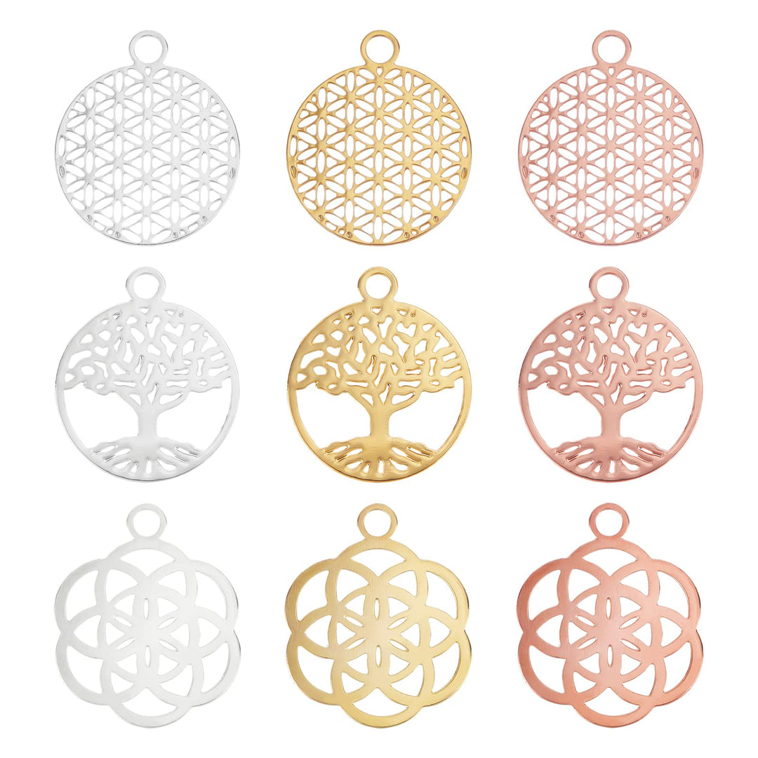 36Pcs Silver/Gold/Rose Gold Filigree Flower Pendants Tree of Life Brass Connector Charm (20mm) for DIY Necklace Earring Making