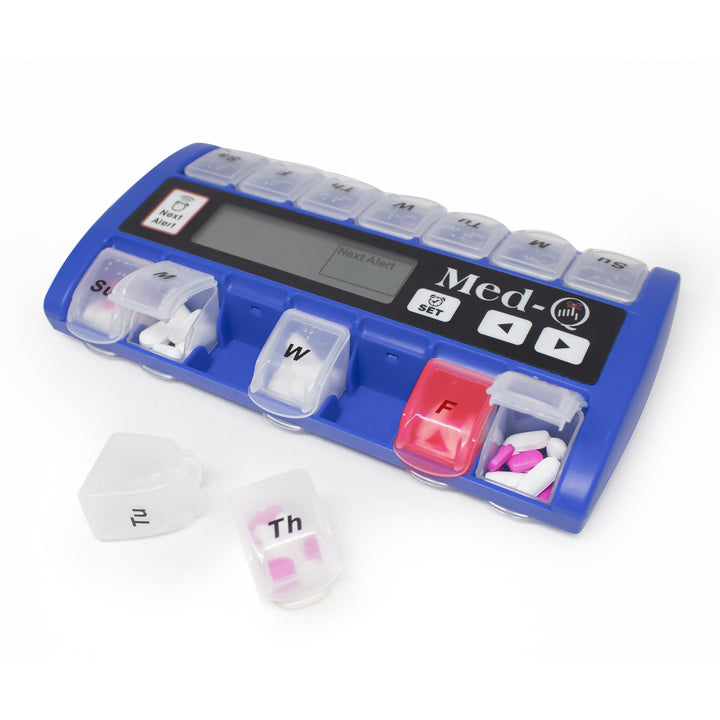 MED-Q Digital Pill Box Organizer, 2 Beep Reminder, LED Alert, BLUE