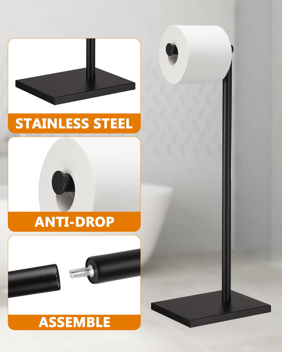Free Standing Bathroom Toilet Paper Holder Stand with Reserve, Stainless Steel Pedestal Tissue Roll Holder, Black