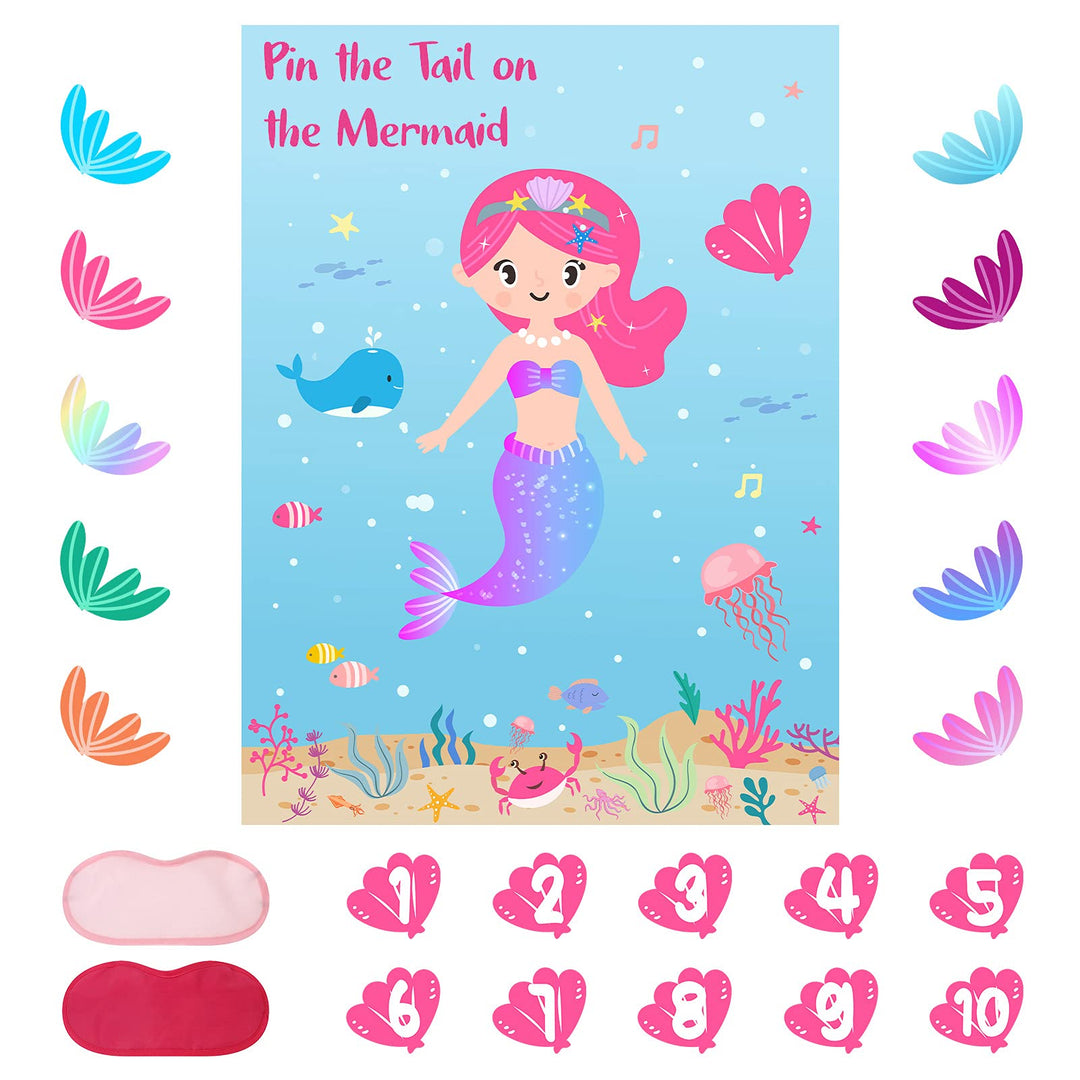 Pin The Tail on The Mermaid Fun Party Game for Kids with 12 Reusable Tails+10 Number Stickers+2 Blindfolds for Kids Birthday Decorations Mermaid Party Supplies