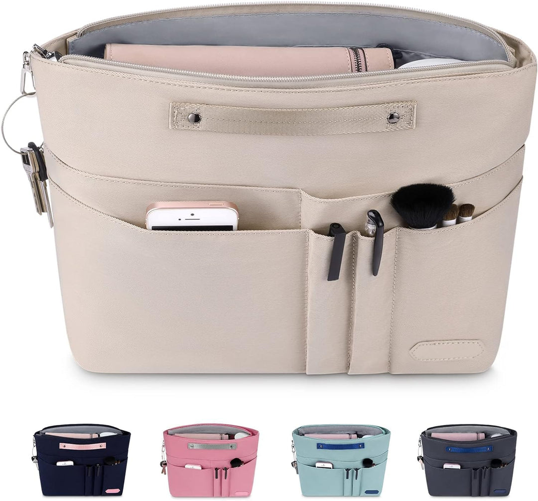 Purse Organizer Insert for Handbags,Tote Bag, Zipper Bag for Women with 15 Pockets, Beige