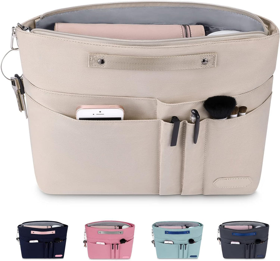 Purse Organizer Insert for Handbags,Tote Bag, Zipper Bag for Women with 15 Pockets, Beige