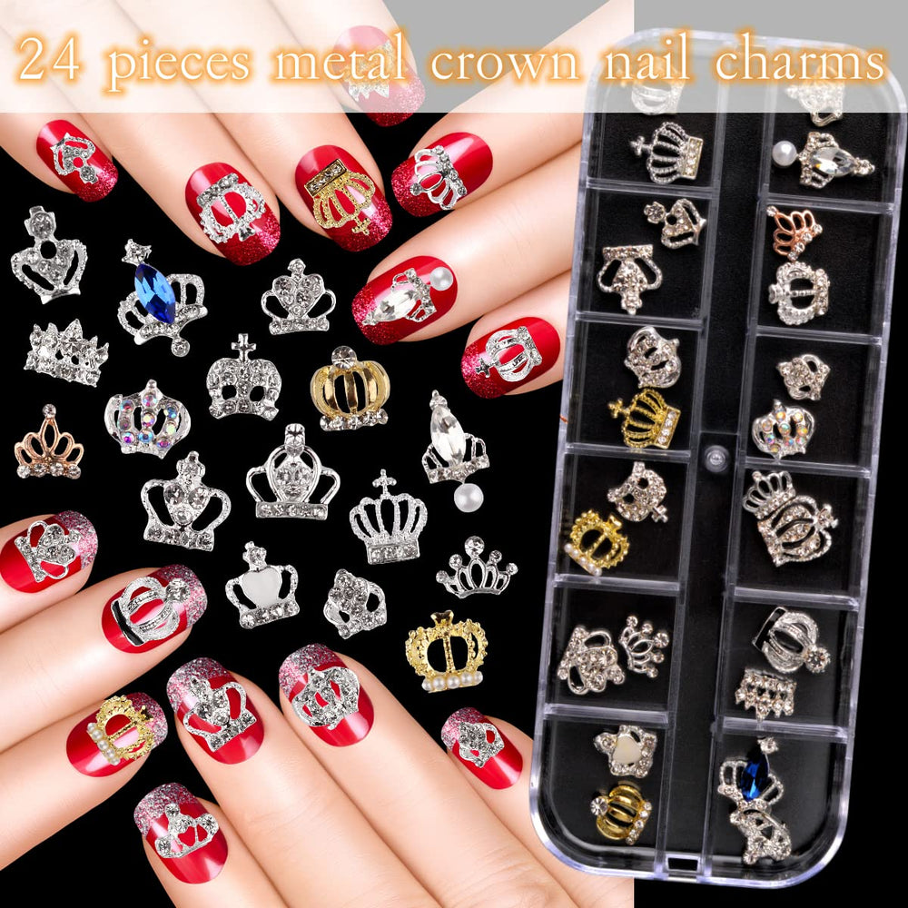 Charms Metal Alloy Silver Gold 3D Nail Art Bow Crown Elk Butterfly Rhinestone Crystal Diamonds Nail Studs Manicure Jewelry for Crafts DIY Nail Art Tip (Crown)