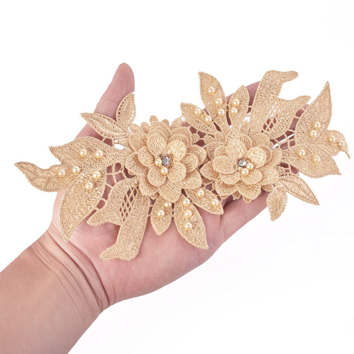 KEJUEEB 1 Pair 3D Lace Applique, Sew on Flower Bead Patches Embroidery Floral Motif Beaded Lace Trim Fabric Pearl Appliques for Sewing Wedding Bride Dress Veil Clothes Decoration (White), KJ-16