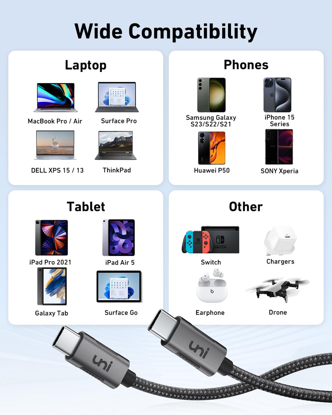 100W USB C to USB C Cable 10ft, USBC Fast Charging Cable PD 5A, Type C Charger Cable Nylon Braided, Compatible with MacBook Air/Pro M3, iPad Pro, Galaxy S24, iPhone 15/Pro/Plus/ProMax