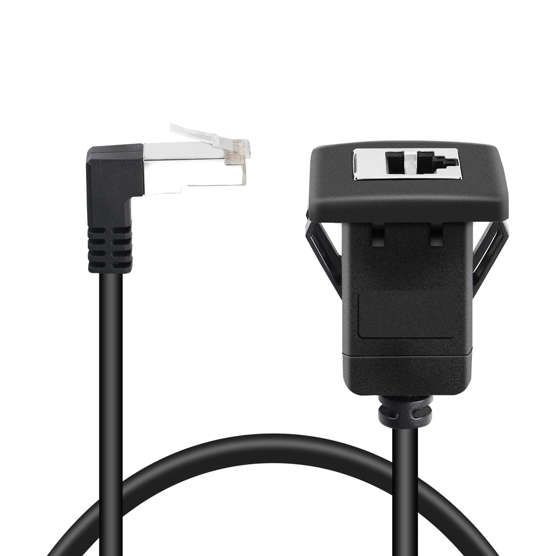 6.5Ft 90 Degree Cat5 Ethernet Panel Mount Cable, Down Angle RJ45 Male to Female Panel Mount CAT5e/5 Shielded Network LAN Extender Cord for Desk, Wall, Chassis Panel -Black-Down-2M