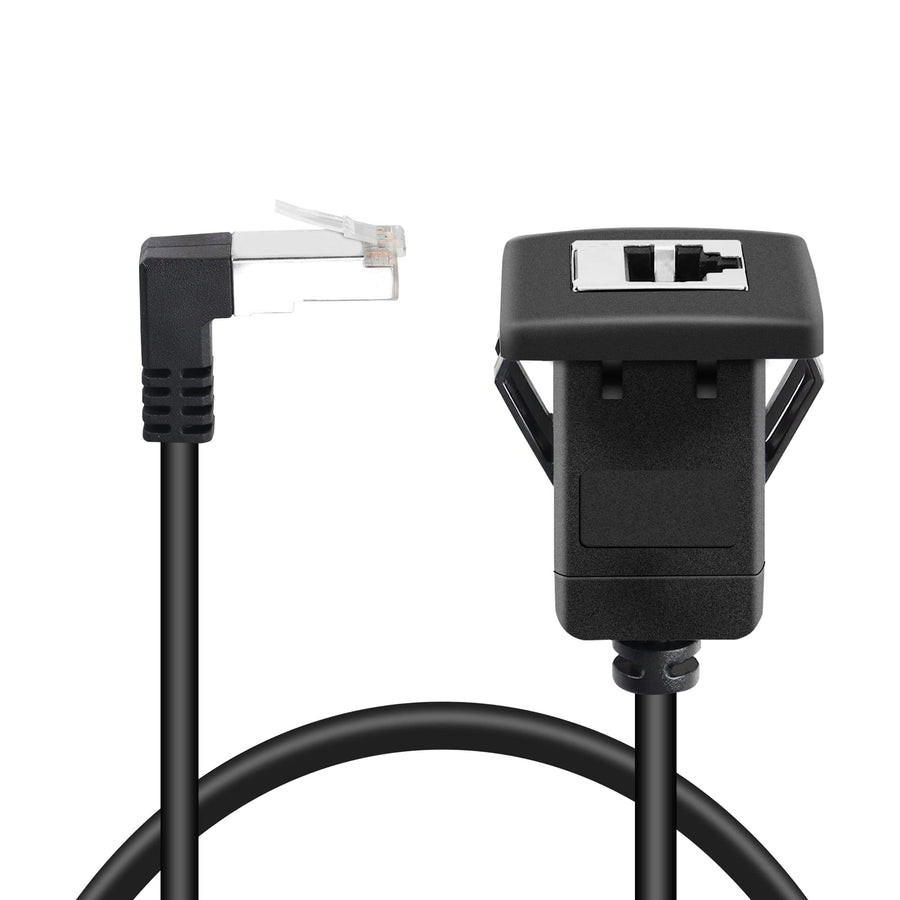 6.5Ft 90 Degree Cat5 Ethernet Panel Mount Cable, Down Angle RJ45 Male to Female Panel Mount CAT5e/5 Shielded Network LAN Extender Cord for Desk, Wall, Chassis Panel -Black-Down-2M