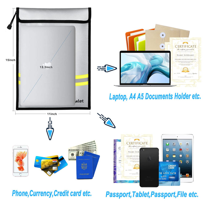 Fireproof Waterproof Money Document Bag - 15 x 11 Upgraded Zipper Bags, Fire &amp; Water Resistant Storage Organizer Pouch for A4 A5 Documents Holder,File,Cash,Jewelry,Passport,Tablet,Laptop (Gray)