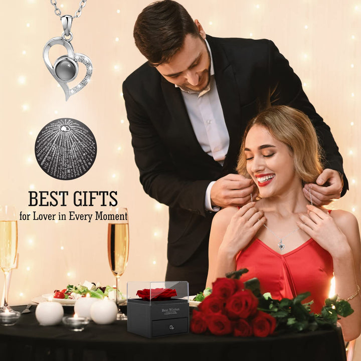 Preserved Red Real Rose, Mothers Day Gifts for Mom with I Love You Necklace in 100 Languages, Enchanted Rose Flower Mother’s Day Gifts Ideas from Daughter Husband Son for Her Grandma Wife