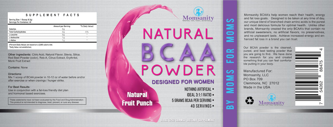 Momsanity BCAA Powder Preworkout for Women - Naturally Sweetened with Stevia, Erythritol, & Monk Fruit + Delicious Recipe Guide PDF | 3:1:1 Ratio of Amino Acids | 40 Servings (Fruit Punch)