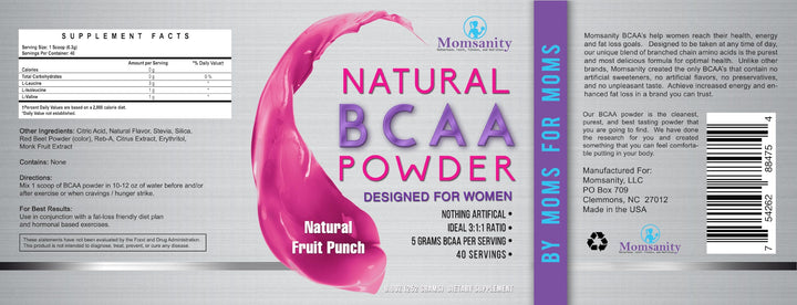 Momsanity BCAA Powder Preworkout for Women - Naturally Sweetened with Stevia, Erythritol, & Monk Fruit + Delicious Recipe Guide PDF | 3:1:1 Ratio of Amino Acids | 40 Servings (Fruit Punch)