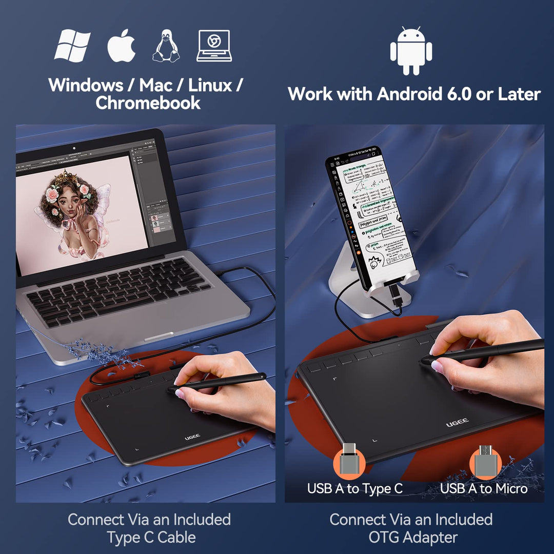 Graphics Drawing Tablet, S640 Digital Drawing Pad with 10 Hot Keys, 6.5x4 inch Pen Tablet with 8192 Levels Battery-Free Stylus Support Android/Windows/Mac OS/Chrome OS/Linux