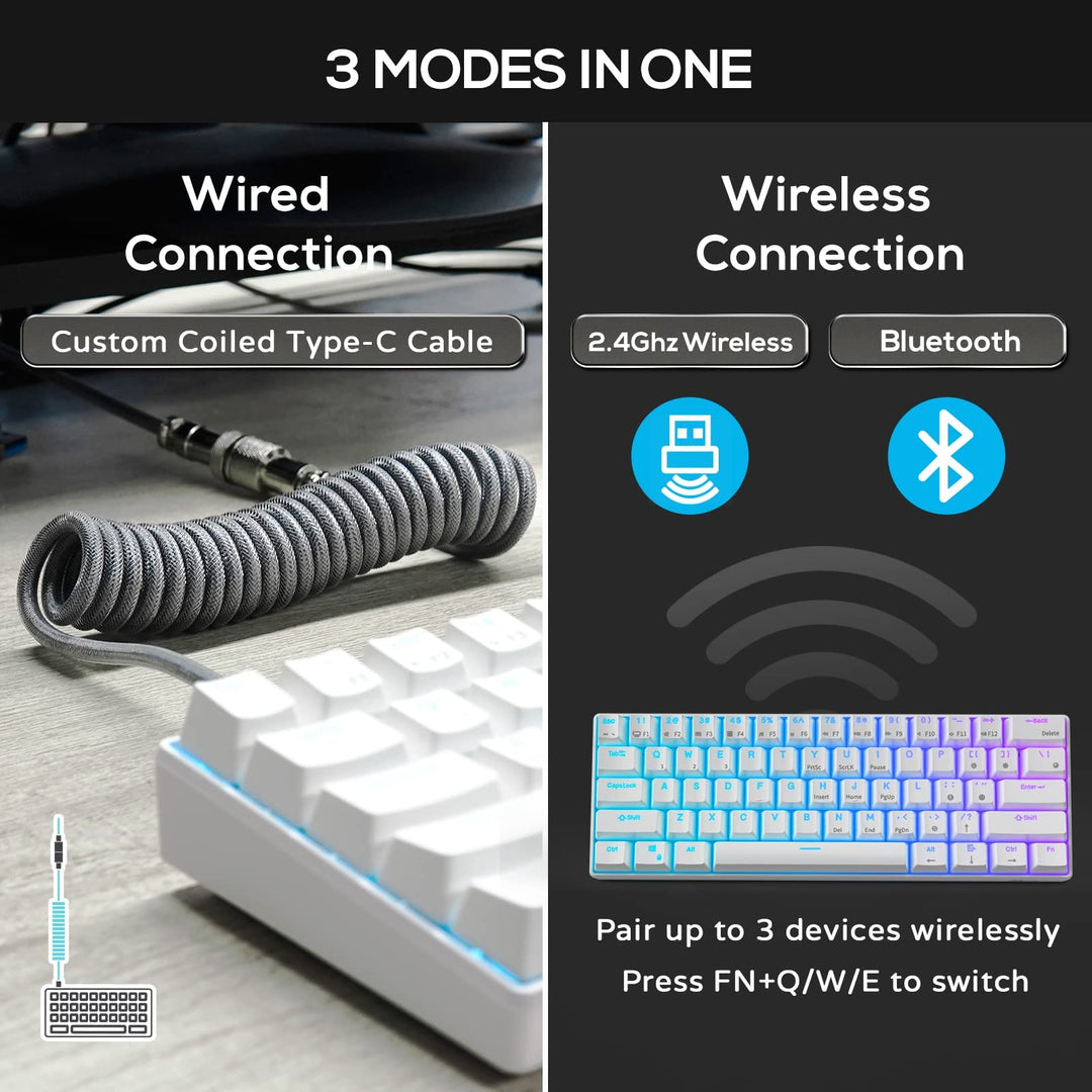 RK61 60% Mechanical Keyboard with Coiled Cable, 2.4Ghz/Bluetooth/Wired, Wireless Bluetooth Mini Keyboard 61 Keys, RGB Hot Swappable Red Switch Gaming Keyboard with Software - White