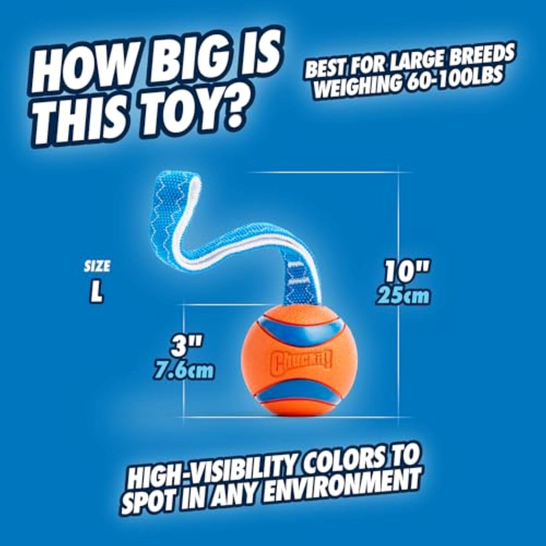 Ultra Tug Dog Toy - Ultra Ball on a Durable Nylon Cord Handle - Fetch and Tug-of-War Toy for Dogs - Size Large - For Breeds 60-100 lbs - 3-inch Diameter - Orange and Blue