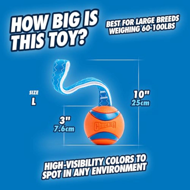 Ultra Tug Dog Toy - Ultra Ball on a Durable Nylon Cord Handle - Fetch and Tug-of-War Toy for Dogs - Size Large - For Breeds 60-100 lbs - 3-inch Diameter - Orange and Blue