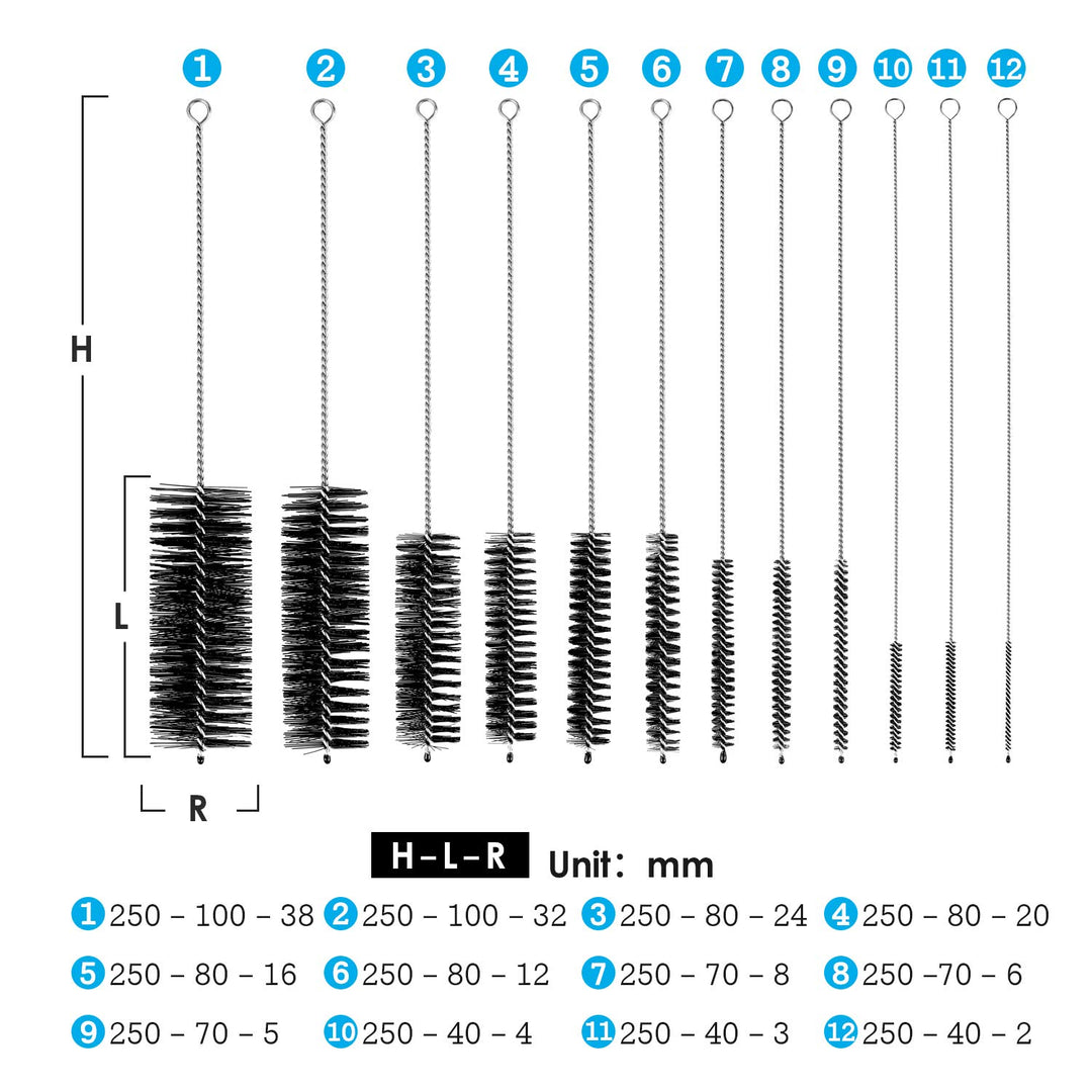 9.8 Inches Nylon Tube Brush Set, Nylon Bottle Cleaning Brush Set, 12 Pieces Variety Pack for Glasses Drinking Straws, Keyboards, Jewelry Cleaning, Antistatic Brushes, Pipe Cleaning Brushes (Set of 12)