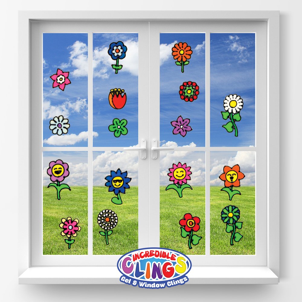 Flowers Gel Clings - Glass Window Clings for Kids and - Sunflower, Rose, Tulip, Daisy Reusable Gel Decals for Home, Airplane, Classroom, Nursery Decoration