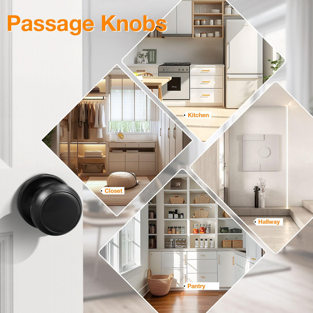 Keyless Passage Door Lockset Flat Ball Knob for Hall/Closet Black Color 1Pack