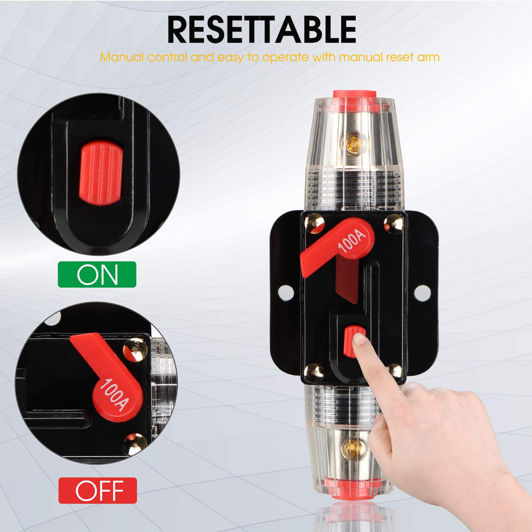 Circuit Breaker Switch 100A Waterproof Fuse Inline Holder 3-15 AWG Resettable Fuse Manual Reset 12V-48V DC for Car Audio Sound Amplifier System RV Home Marine Boat Truck