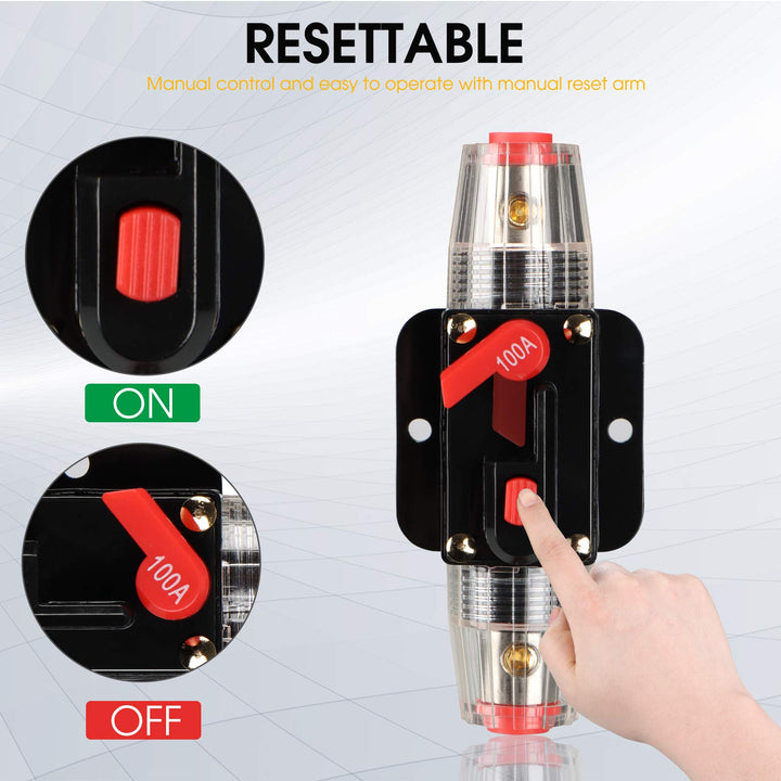 Circuit Breaker Switch 100A Waterproof Fuse Inline Holder 3-15 AWG Resettable Fuse Manual Reset 12V-48V DC for Car Audio Sound Amplifier System RV Home Marine Boat Truck
