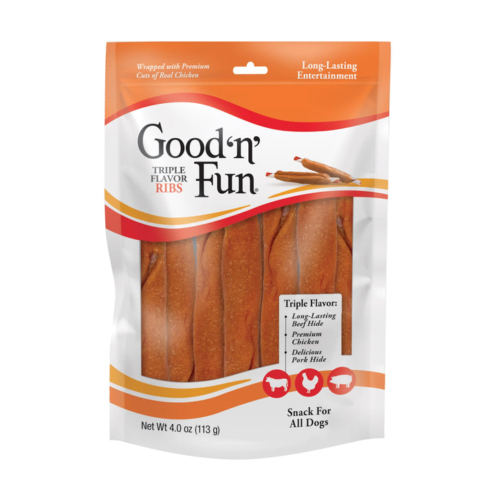 Good ‘n’ Fun Triple Flavor Ribs Chews for All Dogs, Treat Your Dog to Long-Lasting Chews Made with Beef Hide, Chicken and Pork Hide, 4 Ounces