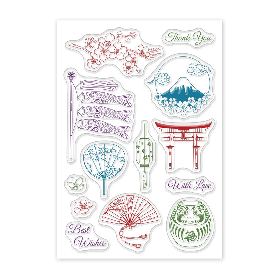 Japanese Culture Silicone Clear Stamps with Flower Flower Fan Lantern Style for Card Making DIY Scrapbooking Photo Album Decorative Paper Craft,6.3x4.3 Inches