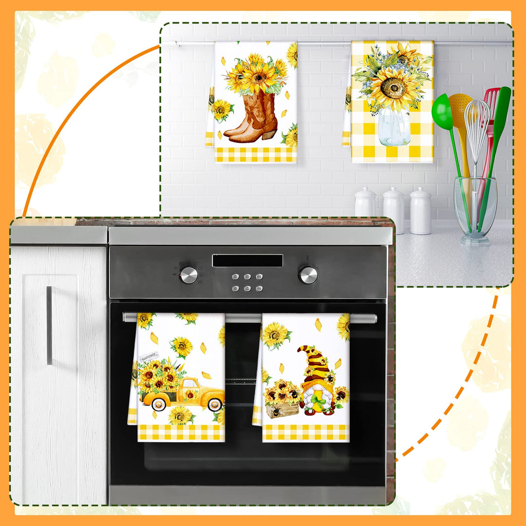 4 Pcs Christmas Sunflower Kitchen Towels Sunflower Gnome Dish Towels Tea Towel Sunshine Nautical Kitchen Towels, Hand Towels, Tea Towels,Christmas Housewarming Gift for Home, 16 x 24&#39;&#39;(Yellow,Sweet)