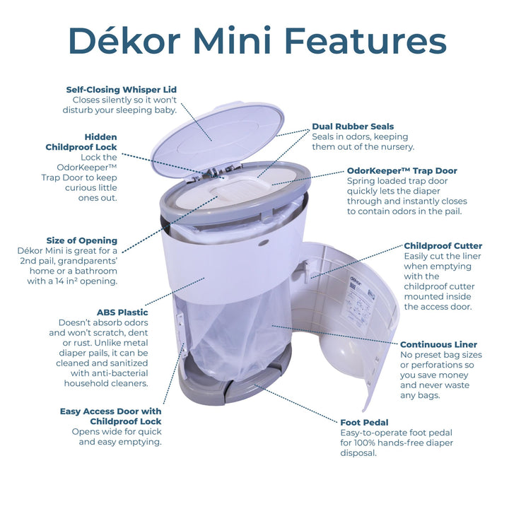 Diaper Dekor Mini Hands-Free Diaper Pail | White | Easiest to Use | Just Step – Drop – Done | Doesn’t Absorb Odors | 20 Second Bag Change | Most Economical Refill System