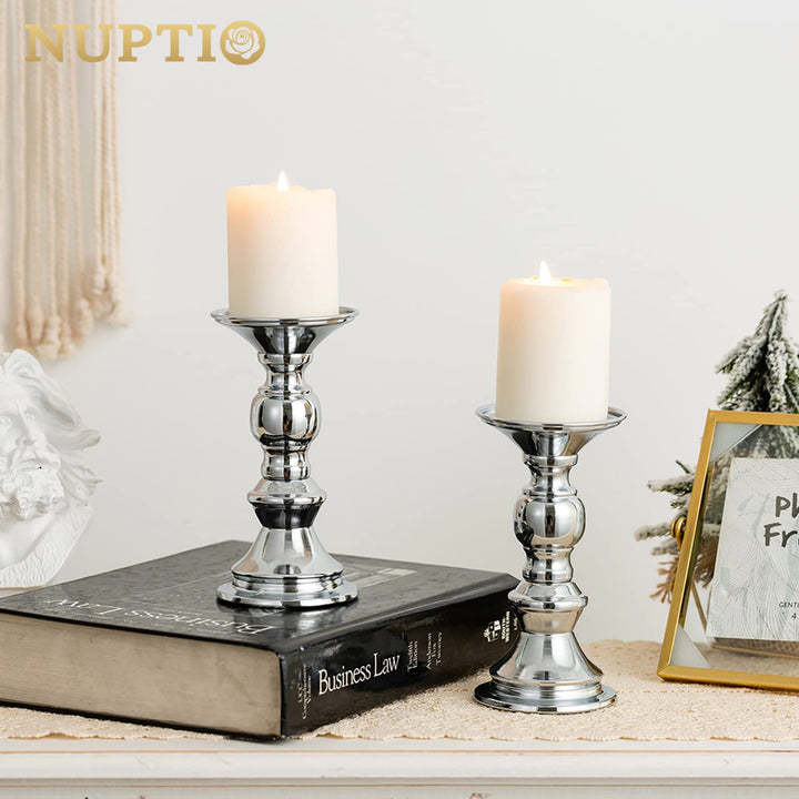 Nuptio Silver Pillar Candle Holders, Wedding Centerpieces Metal Candle Holder for 50mm Candles Stand Decoration Ideal for Weddings Special Events Parties Living Room, 2 Pcs
