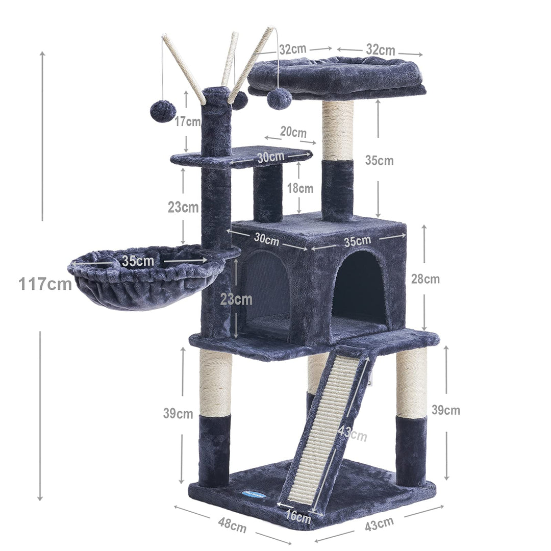 Cat Tree 46 inch Cat Condo with Sisal Scratching Posts,Multi-Level Cat Tower with Scratching Board,Basket,Removable Fur Ball Sticks,Smoky Grey MPJ015G