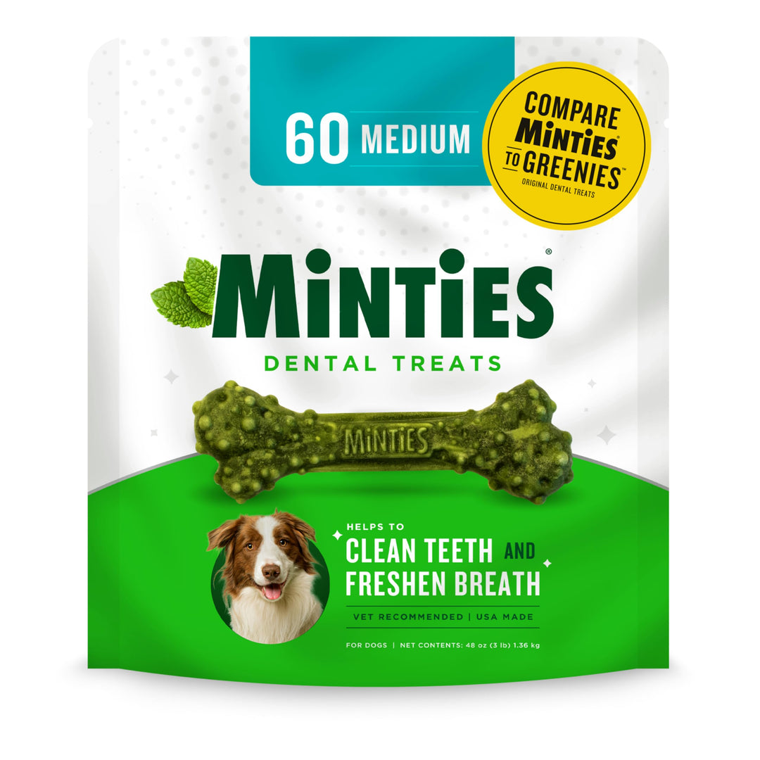 Minties Dental Chews for Dogs, 60 Count, Vet-Recommended Mint-Flavored Treats for Medium Dogs 25-50 lbs, Dental Bones Clean Teeth, Fight Bad Breath, and Removes Plaque and Tartar
