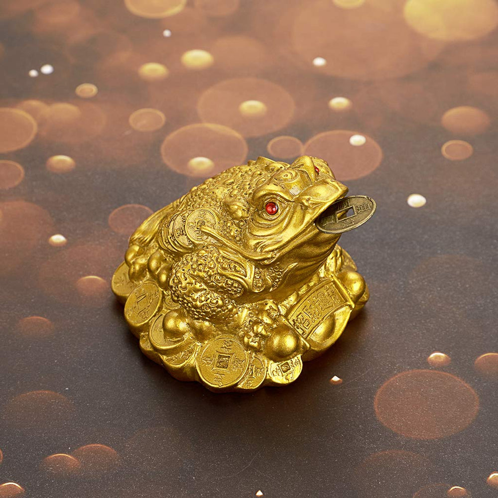 2 Pcs Money Toad Statue, Feng Shui Three Legged Toad with Coin, Lucky Charm Wealth Frog for Cash Register, Office Desk, House Warming, Store Opening Gift (Gold)