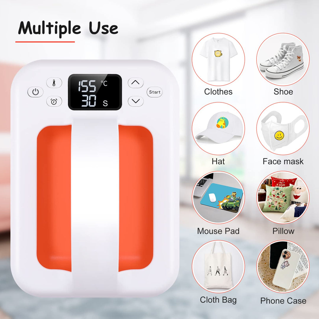 Mini Heat Press Machine - 7 × 5 Portable Heat Press Rapid Even Heat T-Shirts HTV Vinyl Masks Hats Sublimation Heat Transfer Iron with Precise Temperature Control Insulated Base (Orange)