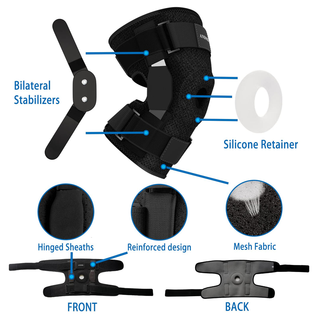 Knee Brace with Removable Dual Side Hinged Stabilizers &amp; Patella Gel Pads, Meniscus Tear Knee Pain ACL MCL Injury Recovery Adjustable Knee Support for Men and Women (Large)
