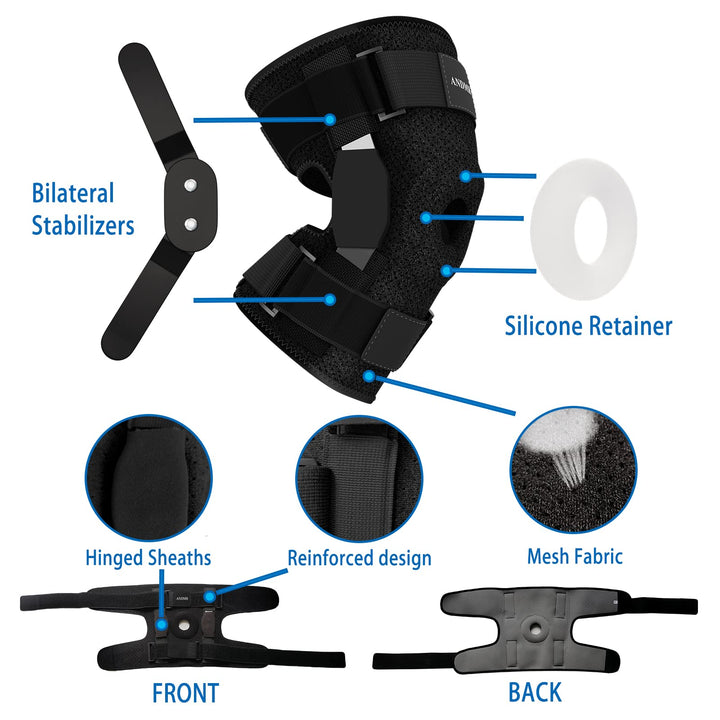 Knee Brace with Removable Dual Side Hinged Stabilizers &amp; Patella Gel Pads, Meniscus Tear Knee Pain ACL MCL Injury Recovery Adjustable Knee Support for Men and Women (Large)