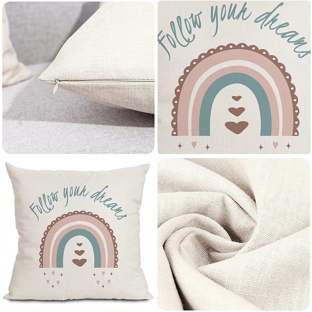 Boho Rainbow Throw Pillow Covers, 18 x Inch Theme Cases Cotton Linen Pillowcases Square Cushion Case for Baby Nursery Bedroom Sofa Home Decor Set of 4 (Rainbow) (BA-08)