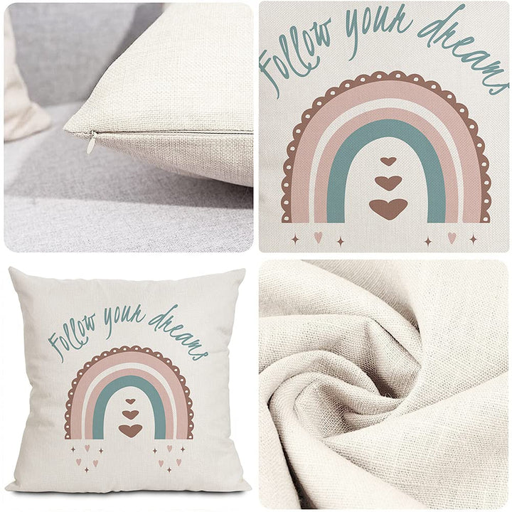 Boho Rainbow Throw Pillow Covers, 18 x Inch Theme Cases Cotton Linen Pillowcases Square Cushion Case for Baby Nursery Bedroom Sofa Home Decor Set of 4 (Rainbow) (BA-08)