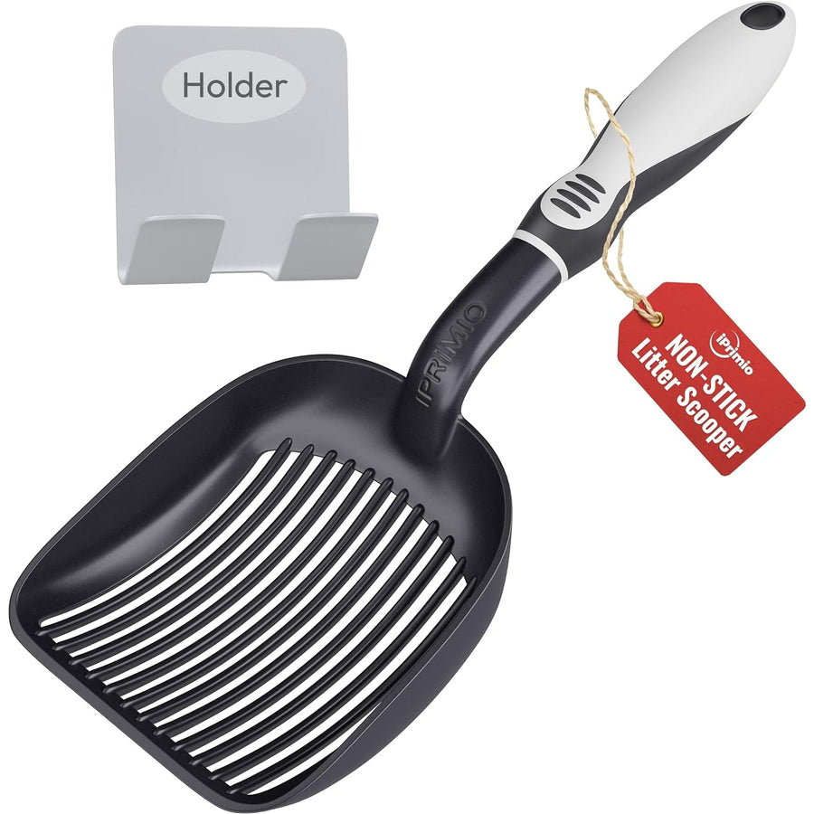 Cat Litter Scoop Metal w/ Deep Shovel, Black - Non Stick Plated Aluminum Cat Litter Scooper with Holder - Litter Box Scooper - Metal Cat Litter Scoop - Patented Sifter w/ Holder - Solid Handle