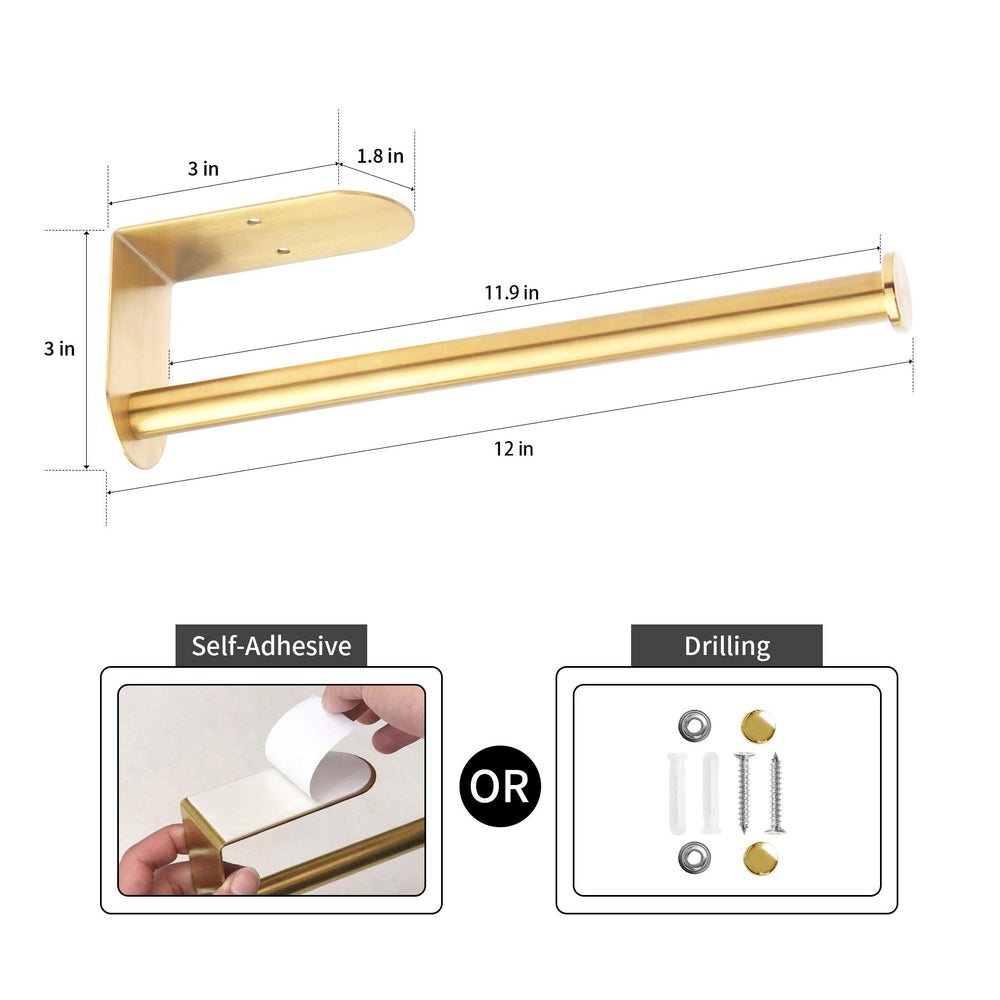 Gold Paper Towel Holder, , Self Adhesive or Drilling, Under Cabinet Paper Towel Holder Wall Mount, 304 Stainless Steel Kitchen Towel Holders for Kitchen, Cabinet, Bathroom (1 Pack, Gold)