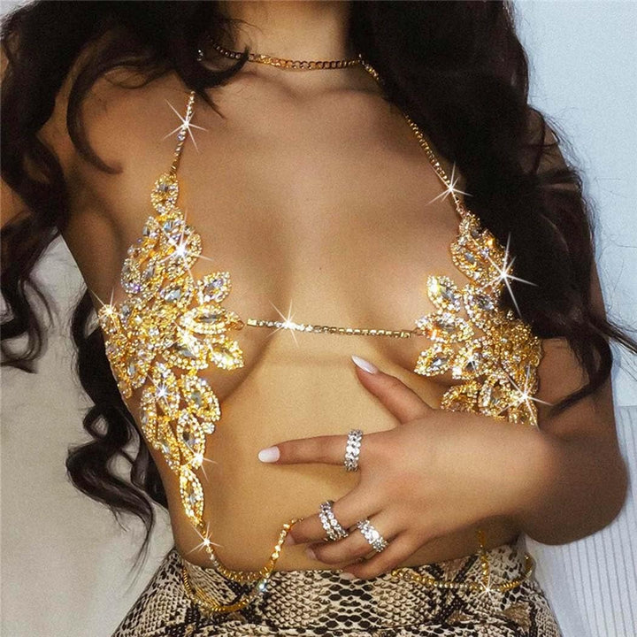 Rhinestone Body Chain Jewelry Sparkly Crystal Bra Bikini Chains Summer Beach Body Chains for Women (Gold)
