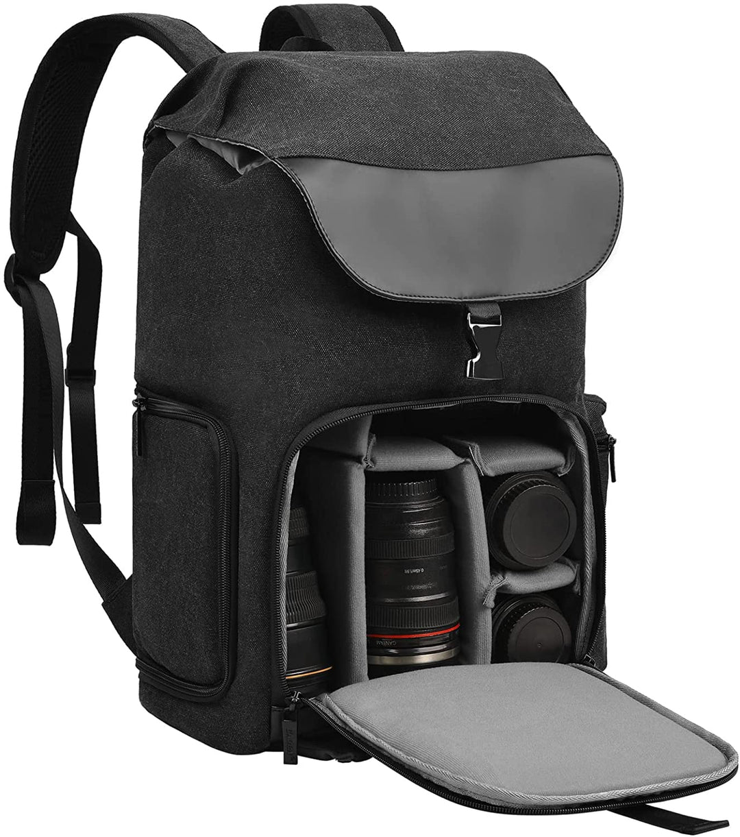 Camera Backpack Canvas Camera Bag for DSLR/SLR Mirrorless Camera with 15.6 inches Laptop Compartment, Camera Case Compatible for Sony Canon Nikon Cameras and Lens Tripod Waterproof Black
