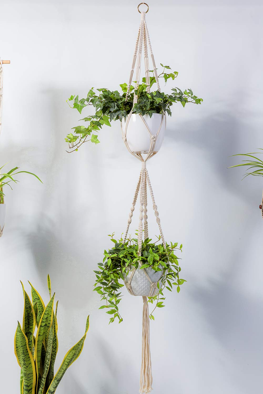 2 Tier Macrame Plant Hanger Handmade Double Indoor Hanging Planter Pot Holder - Modern Boho Home Decor - 1 PCS Ceiling Hook