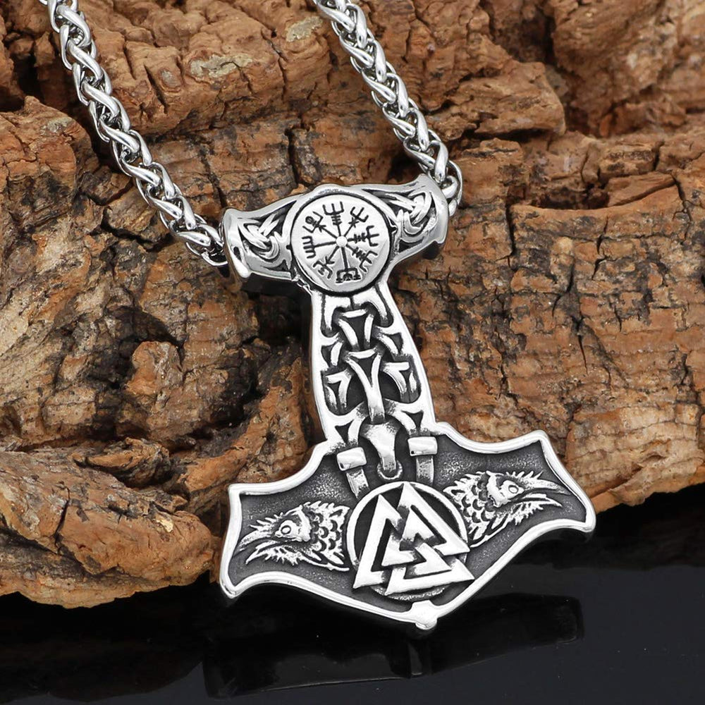 Nordic Viking Stainless Steel Thor Mjolnir Odin Raven Valknut Vegvisir Pendant Necklace with Valknut Gift Bag